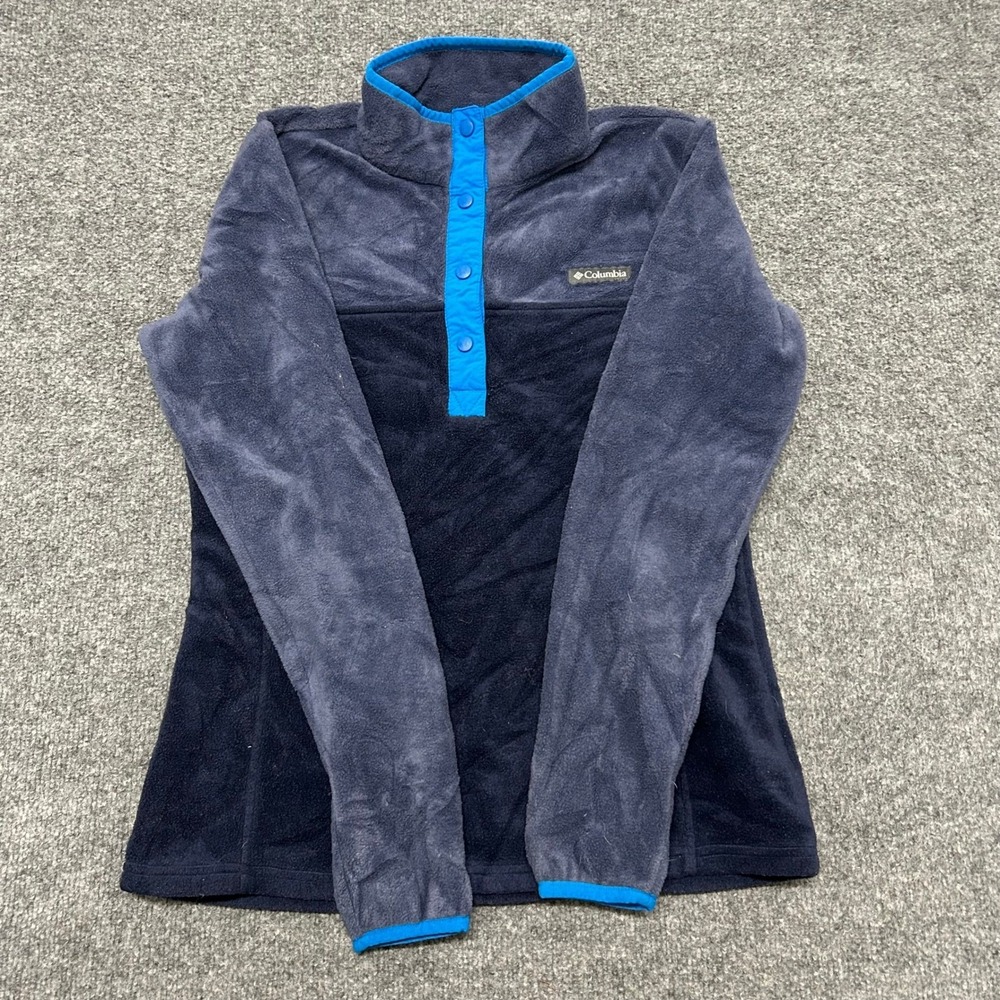 Columbia Fleece Pullover Womens Size S Navy Blue Grey Snap Neck Outdoor Hole